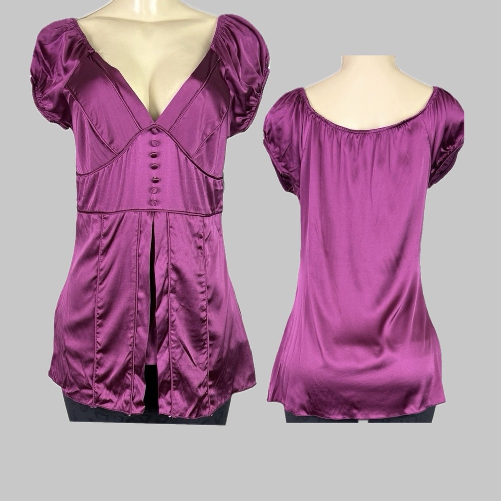 Shine New York L Magenta Purple Silk Stretch Puff Sleeve Blouse V-Neckline